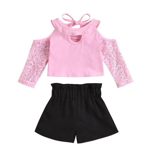 lioraitiin 0-18M Newborn Infant 2Pcs Toddler Girl Summer Outfits Lace Off-Shoulder Long Sleeves Blouse High-Waist Shorts