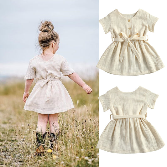 2020-11-30 lioraitiin 0-4Years Toddler Baby Girl’s Casual Short-sleeved Dress with Belt Solid Button High Waist A-line Dress