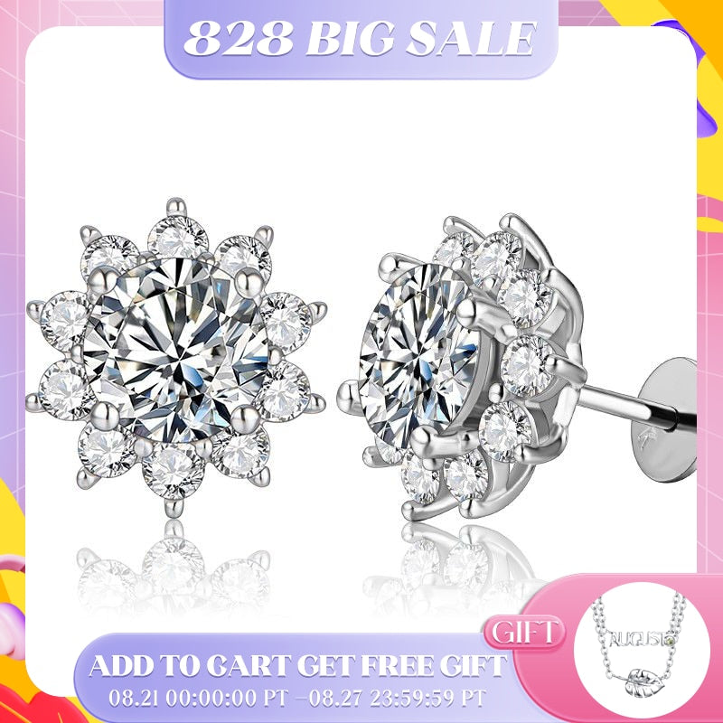 Snowflake Stud Earrings 925 Sterling Silver Jewelry 6.5mm 1.0 Carat Diamond Moissanite Earrings For Women Wedding Gift