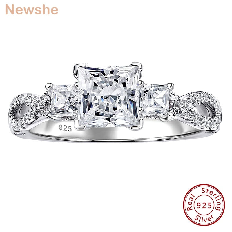 Newshe Genuine 925 Sterling Silver Three Princess Cut AAAAA CZ Infinite Engagement Rings for Women Fine Wedding Jewelry