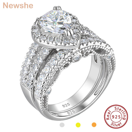 Newshe 925 Sterling Silver Wedding Engagement Rings Set for Women Pear Cut AAAAA CZ Imitation Diamond Bridal Jewelry