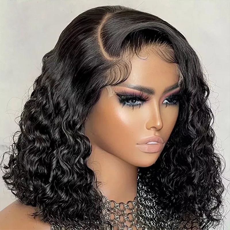 Side Part Water Wave Wigs 13x5x2 Short Curly Bob Human Hair Wigs for Women Brazilian Afro Deep Wave Wig Perruque Cheveux Humains