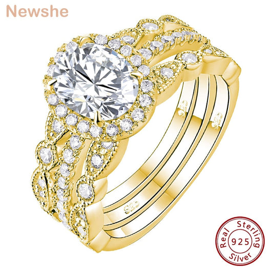 Newshe Yellow Rose Gold Engagement Rings For Women Bridal Set 925 Silver Halo Oval Cut AAAAA Zircons Romantic Wedding Jewelry