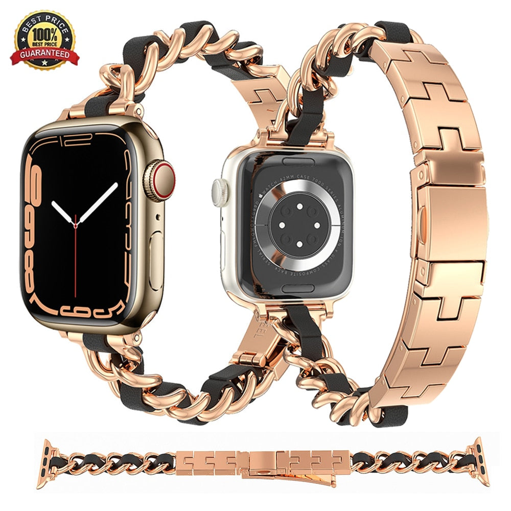 Slim Women Bracelet For Apple Watch Series Ultra 49mm Band 7 8 41mm 45mm Metal+Leather Loop for iwatch 6 5 4 se 40mm 38 42 44mm