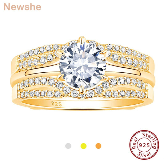 Newshe Solid 925 Sterling Silver Solitaire Round Cut 5A CZ Wedding Rings Set for Women Eternity Stacking Guard Ring Enhancer