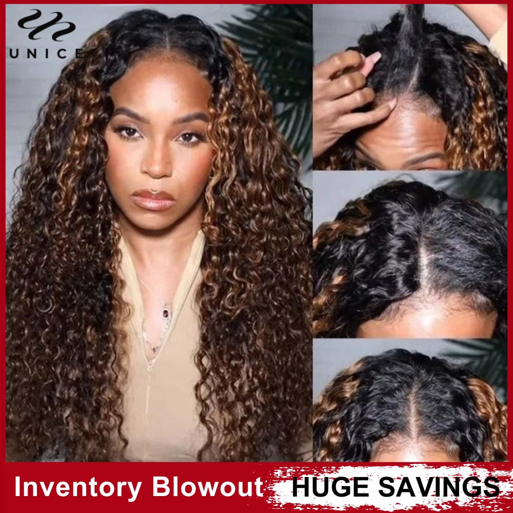 UNice Hair Balayage Highlight V Part Wig Human Hair Curly Wig Glueless U Part Wig Human Hair Wigs Blend with Your Own Hairline