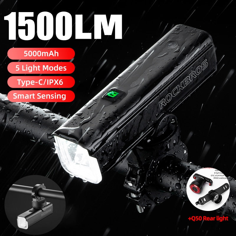 ROCKBROS Bike Light 1500LM5000mAh Type-C Bicycle Light Temperature Control  IPX6 Aluminum LED Light Front Lamp Cycling Headlight