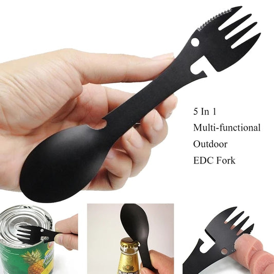 Outdoor Survival Tools 5 in 1 Camping Multi-functional EDC Kit Stainless Steel Practical Fork Knife Spoon Bottle/Can Opener