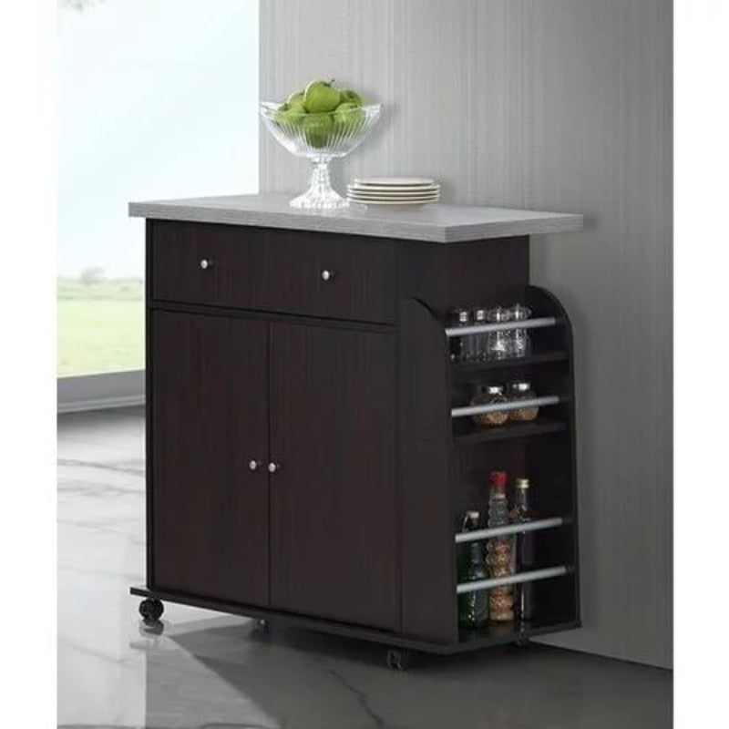 Hodedah Kitchen Cart with Spice Rack &amp; Towel Rack, Chocolate 35 In. H X 35.5 In. W X 16.5 In. D  Rolling Cart