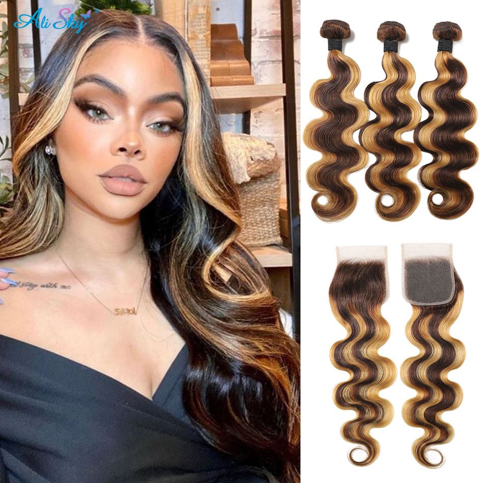 Highlight Body Wave 3/4Bundles With 4x4 Lace Closure P4 27 Ombre Honey Blonde Bundles Brazilian Remy Hair Weave Extension 13x4