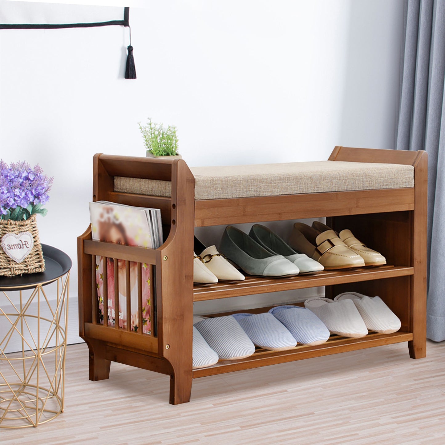 Shoe Bench Shoe Rack Organizer For Hallway Entryway 2-Tier Bamboo Cushion Storage Shelf With Soft Seat