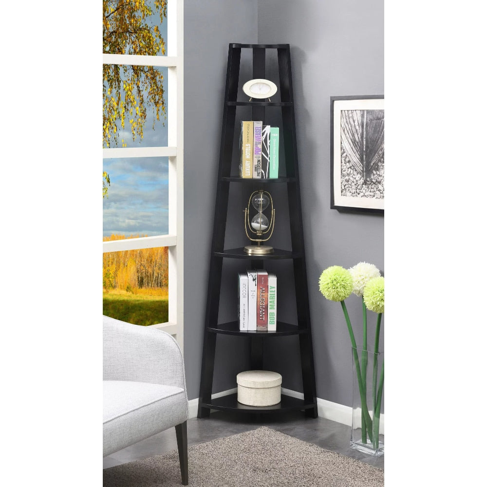 5 Tier Corner Bookcase, Black Storage Holders Racks