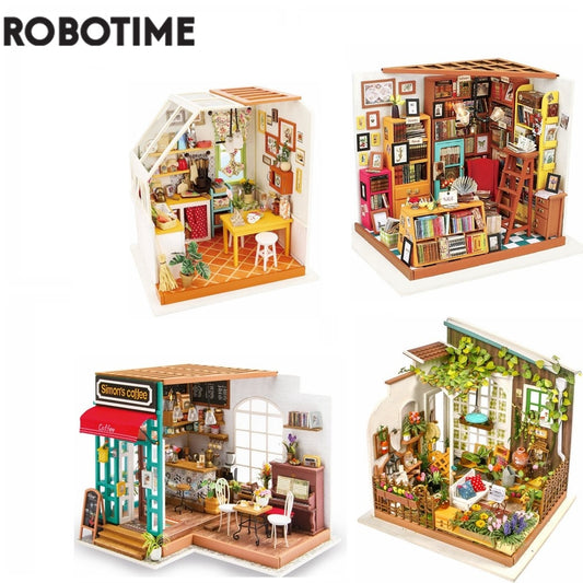 Robotime DIY House with Furniture Study Room Simons Coffee Children Adult Doll House Miniature Dollhouse Wooden Kits Toy