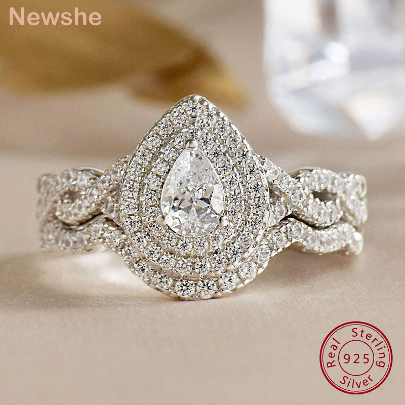 Newshe Halo Pear Cut AAAAA Cubic Zircon 925 Sterling Silver Infinity Engagement Rings For Women Wedding Band Bridal Ring Set