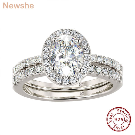 Newshe 2Pcs Halo Oval Cut Engagement Ring Wedding Set for Women Solid 925 Sterling Silver Dazzling AAAAA CZ Fine Jewelry