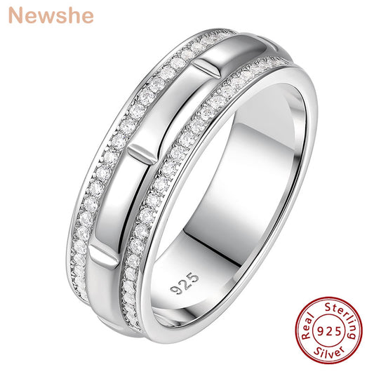 Newshe Solid 925 Sterling Silver Wedding Rings for Men Half Eternity Male Ring Brilliant Round White Cubic Zircons Fine Jewelry 