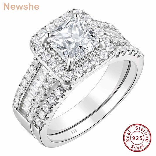 Newshe 925 Sterling Silver Wedding Jewelry Bridal Ring Sets for Women 3.5 CT Imitation Diamond Princess Cut AAAAA Cubic Zircon