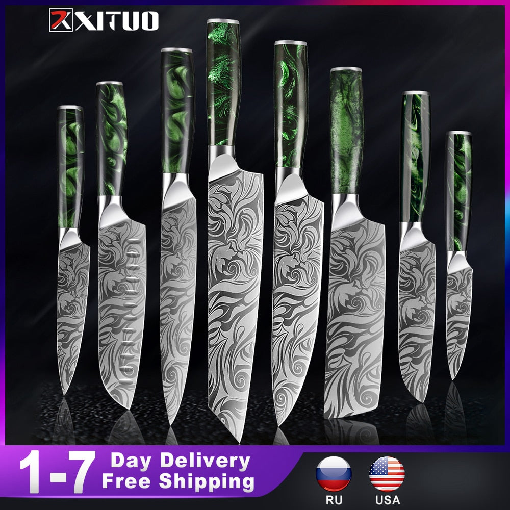 XITUO 1-8pc Kitchen knife Set Stainless Steel Pro Chef Knives Ultra Sharp Santoku Nakiri Bread Cleaver Boning Knife Cooking Tool