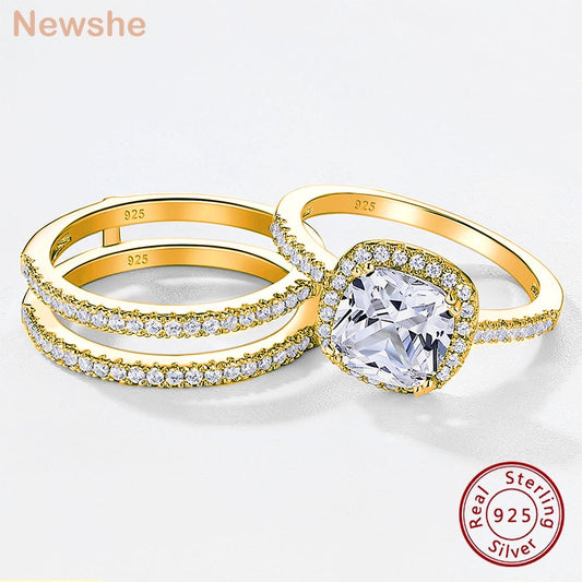 Newshe Rose Yellow Gold Halo Cushion AAAAA CZ Engagement Rings Set For Women 925 Sterling Silver Wedding Bands Enhancer