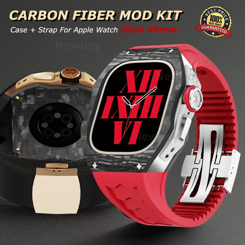 Carbon Fiber Case Strap For Apple Watch Ultra 49mm Frame Rubber Viton Band For iWatch ultra 49 Luxury Titanium Modification Kit