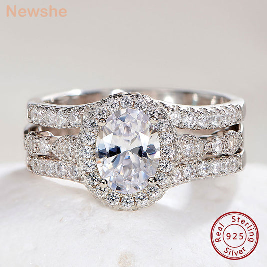 Newshe Oval Cut Engagement Ring Set for Women 925 Silver Everlasting Guard Wedding Band Jewelry High Grade AAAAA Cubic Zircon