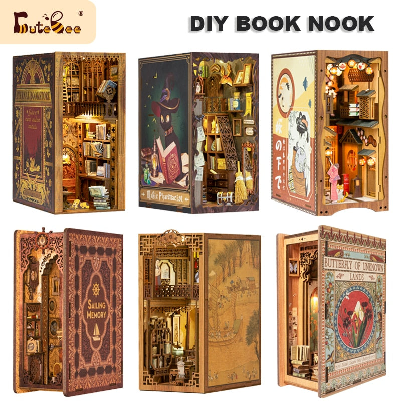 CUTEBEE Puzzle 3D DIY Book Nook Kit Eternal Bookstore Wooden Dollhouse with Light Magic Pharmacist Building Model Toys for Gifts