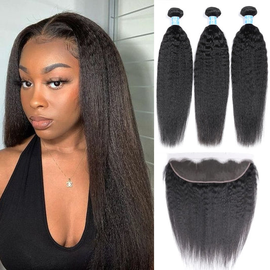 Alisky Hair Peruvian Hair Bundles With Frontal Kinky Straight Lace Frontal Closure With Bundles Human Hair Bundles With Frontal