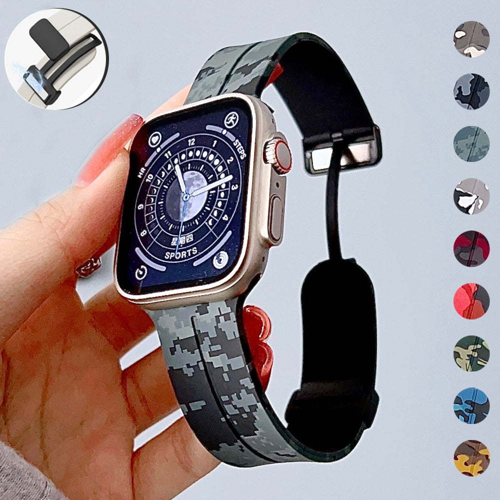 Magnetic Band for Apple Watch Ultra 49mm 45mm 41mm 38 42mm 40MM 44mm Silicone Camouflage Print Strap for IWatch 8 7 6 se 5 4 3 2