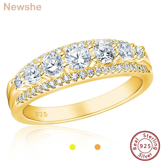 Newshe Solid 925 Sterling Silver Women's Yellow Rose Gold Wedding Engagement Ring Round Cut AAAAA CZ Eternity Band Jewelry Gift