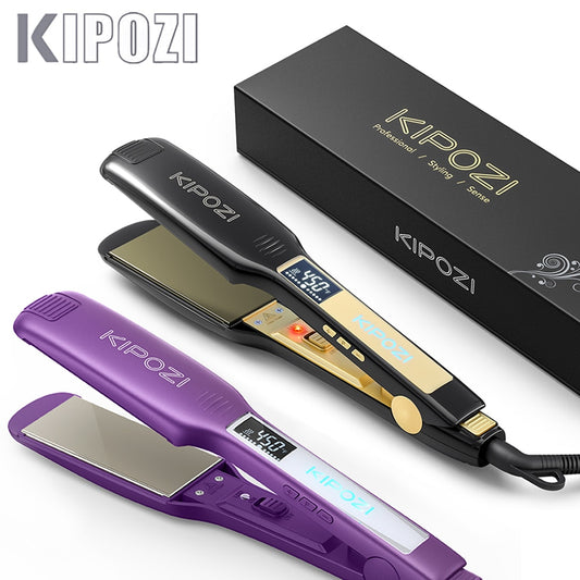 KIPOZI KP-139 Professional Straightener Titanium Flat Iron with Digital LCD Display Dual Voltage Instant Heating Curling Iron