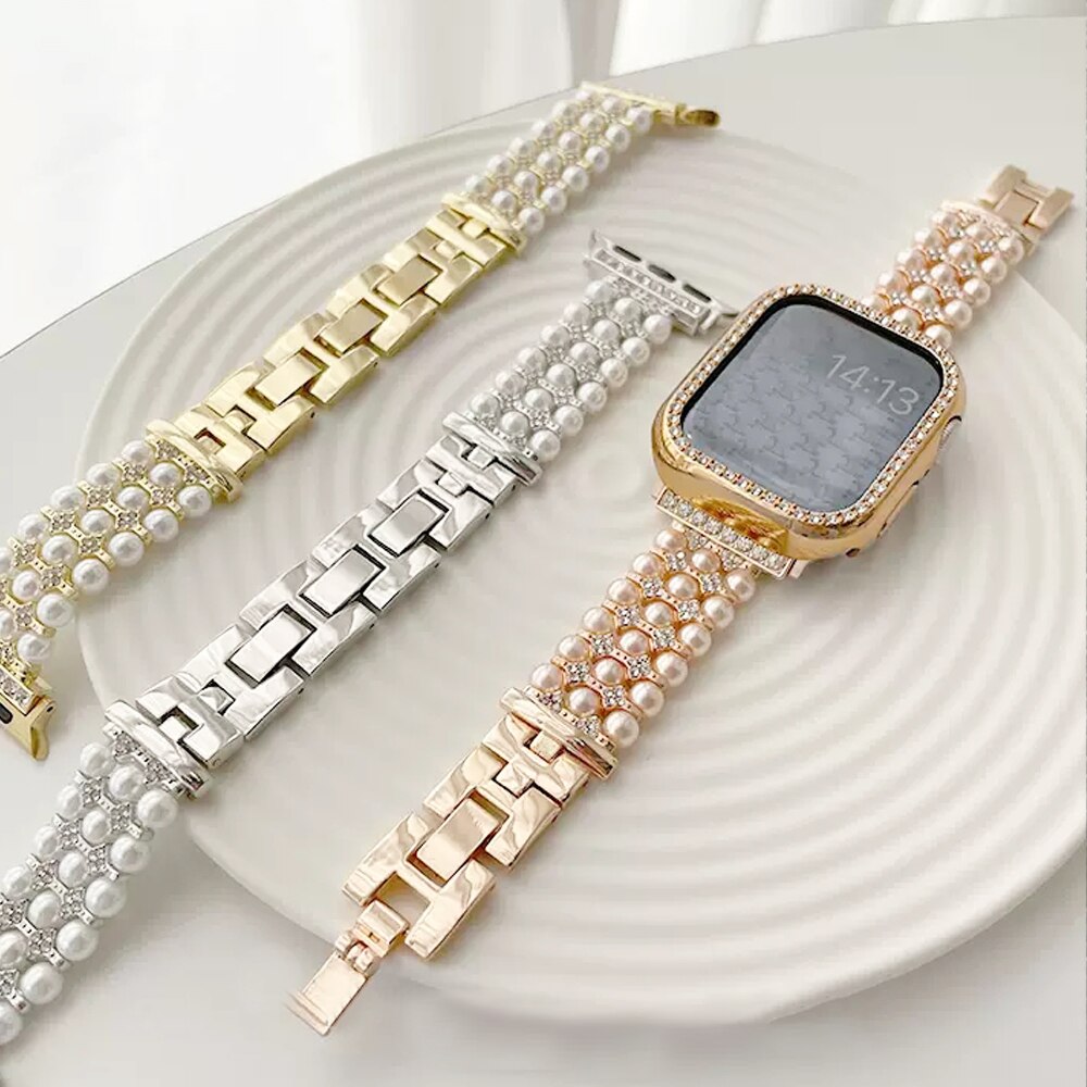 Luxury Pearl Stainless Steel Band For Apple Watch Ultra 49mm Diamond Strap For iWatch Series 8 7 41 45mm 6 3 4 5 se 2 40 42 44mm