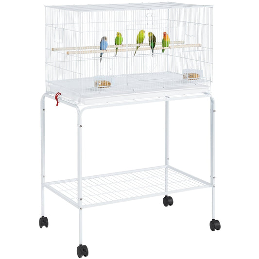 47&quot;H Rolling Stand Flight Bird Cage with Slide-out Tray for Small Birds, 20.3 Lb, Iron, Plastic, Wood