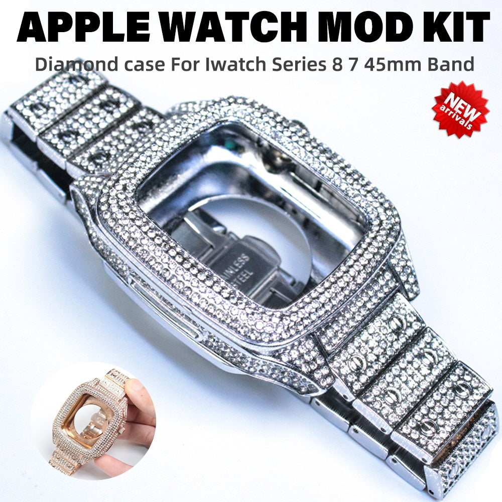 Luxury Lady Diamond Modification Kit For Apple Watch series 8 7 45mm Sparkling Diamond band & case for i Watch 8 7 Refit MOD KIT