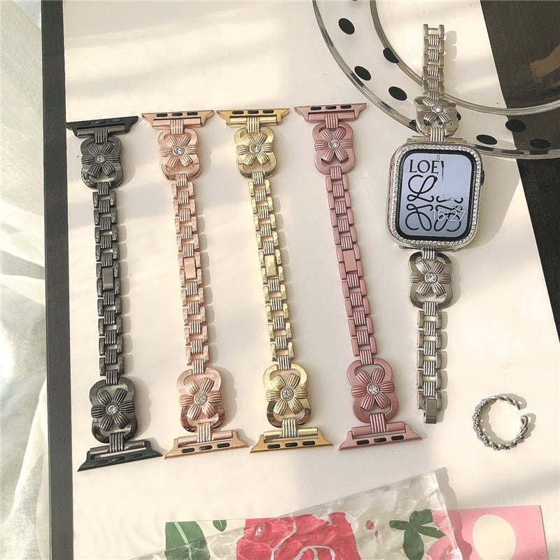 Women Luxury Diamond Watch Strap For Apple Watch Band 7/6/5/4/3/2/SE for iWatch 38mm 40mm 42mm 44mm 41mm 45mm Slim Link Bracelet