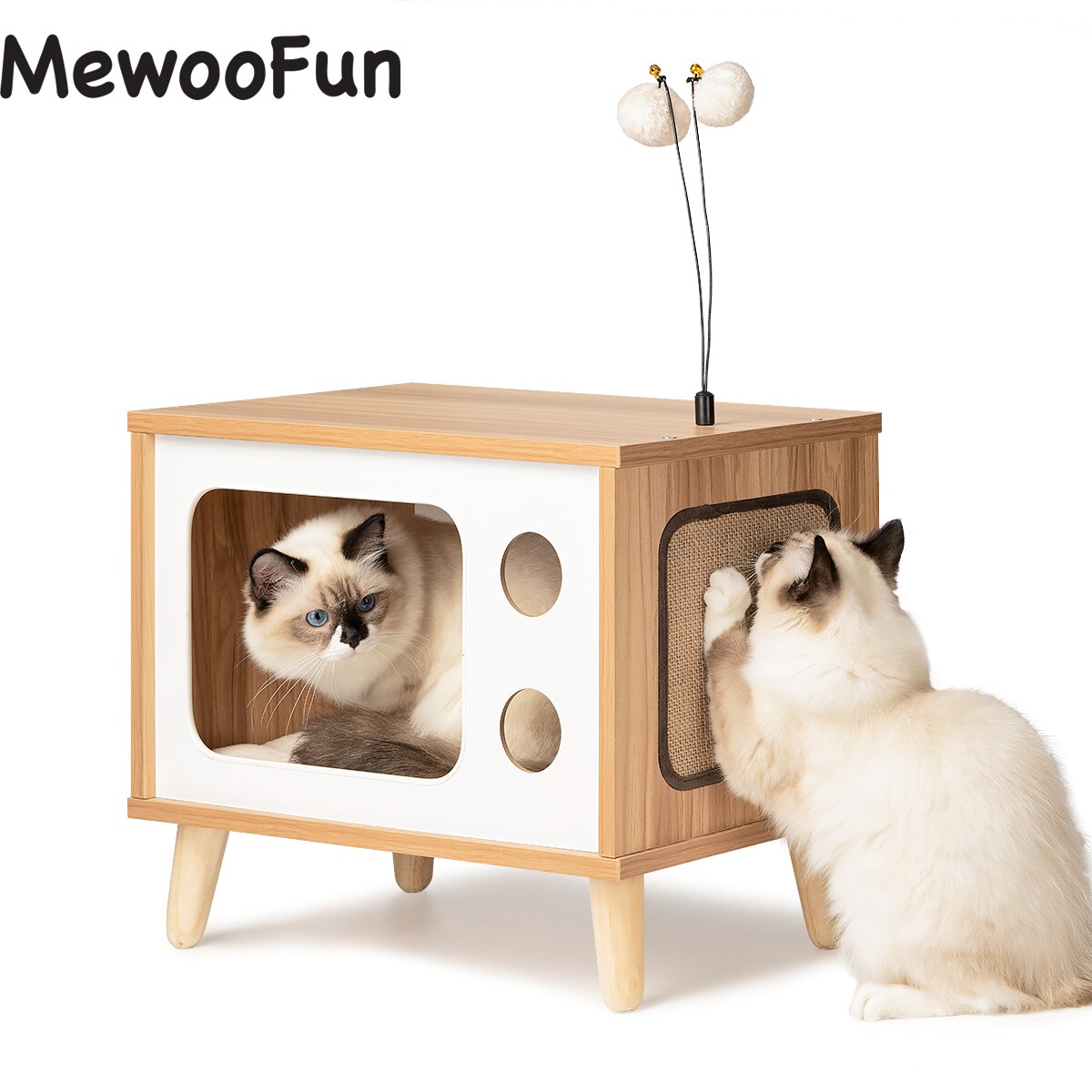 Mewoofun Cat House Wooden Condo Bed Indoor TV-Shaped Sturdy Large Luxury Cat Shelter Furniture with Cushion Cat Scratcher US