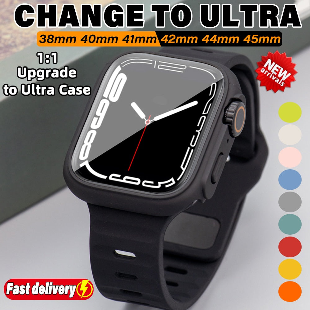 Change To Ultra 49mm Case&Band For  Apple Watch 8 7 45 41mm Silicone Sport Strap Iwatch 6 5 4 3Se 44 40 42 38mm Protection Cover