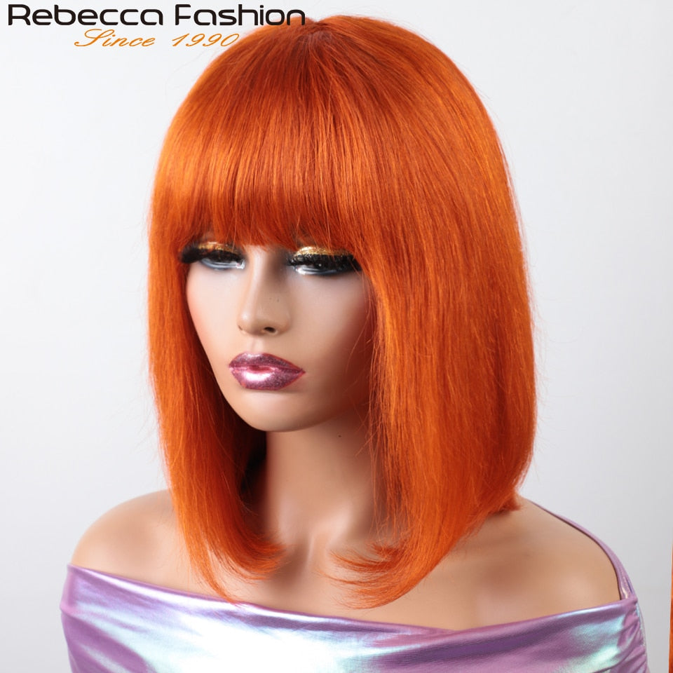 180D Orange/Ginger Colored Blonde Straight Human Hair Bob Wigs With Bangs Remy Full Machine Made for Women P4/30 613 99J T1B/27