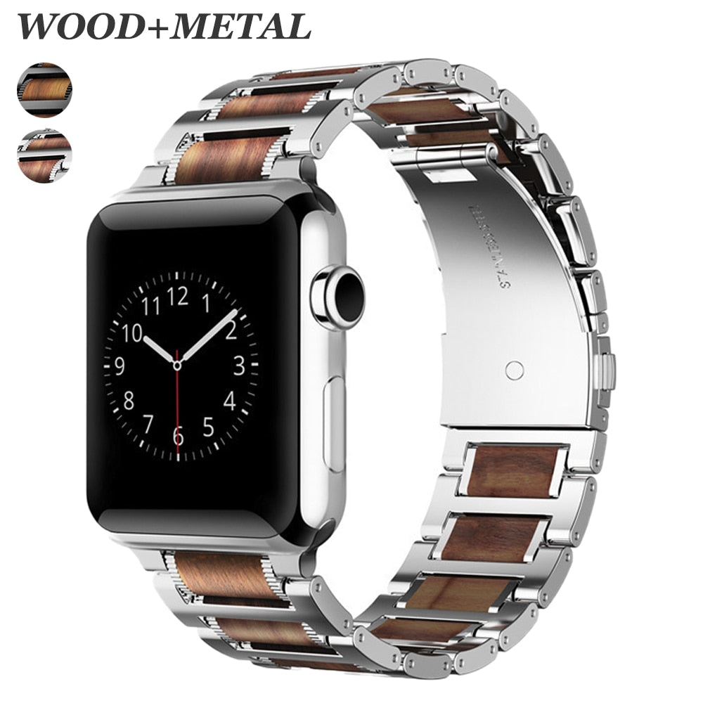 Luxury Wooden Metal Stap For Apple Watch Band Series 38mm 40mm 44mm 42mm 41mm 45mm Wood Steel Bracelet For iWatch 7 6 5 4 3 2 SE