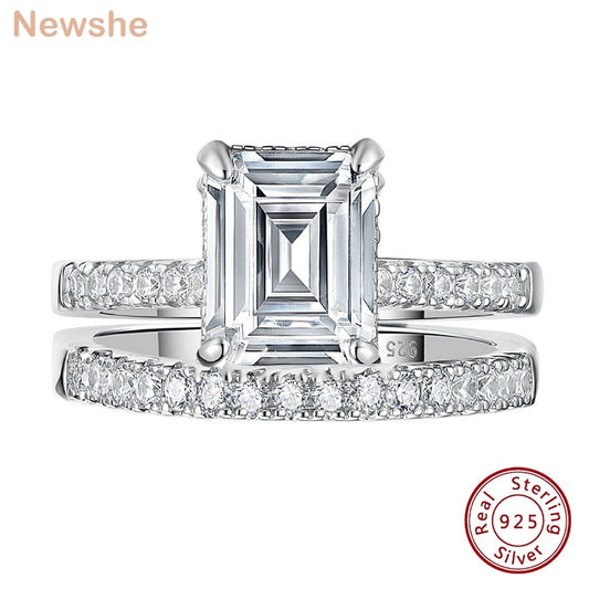 Newshe 3.4 Ct Emerald Cut Simulated Diamond Engagement Rings AAAAA CZ Genuine 925 Sterling Silver Wedding Bridal Set For Women