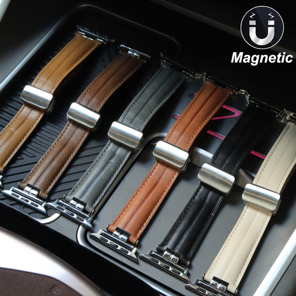 Magnetic Leather Bracelet for Apple Watch Ultra 49mm Band 42 44MM 38 40mm Luxury Metal Strap for iWatch 8 7 41mm 45mm 6 SE 5 4 3