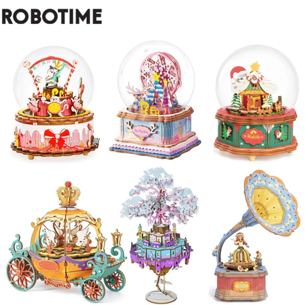 Robotime Holiday Gift 7 Kinds DIY 3D Puzzle Game Assembly Moveable Music Box Toy for Children Adult