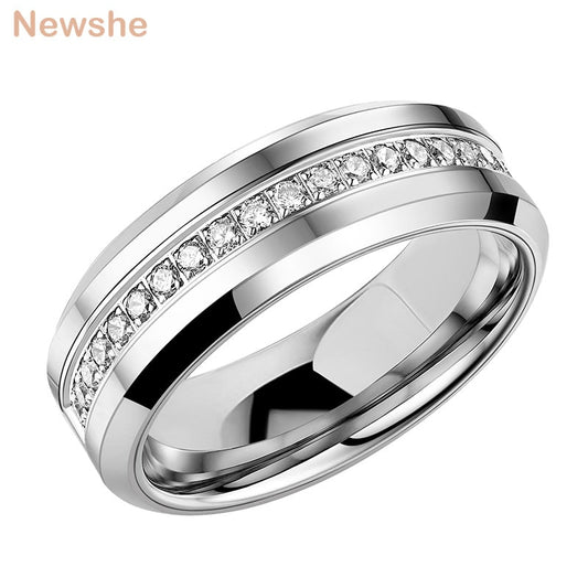 Newshe Tungsten Carbide Fashionable Wedding Rings for Men Half Eternity Brilliant Cubic Zirconia Beveled Edge Charm Ring