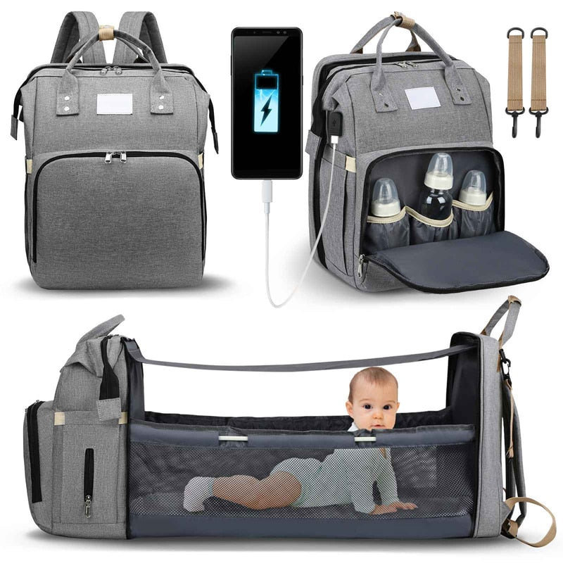 Fashionable Mommy Bag Folding Baby Bed Mother Large Capacity Portable Milk Bottle Diaper Double Shoulder Mom&#39;s Bag