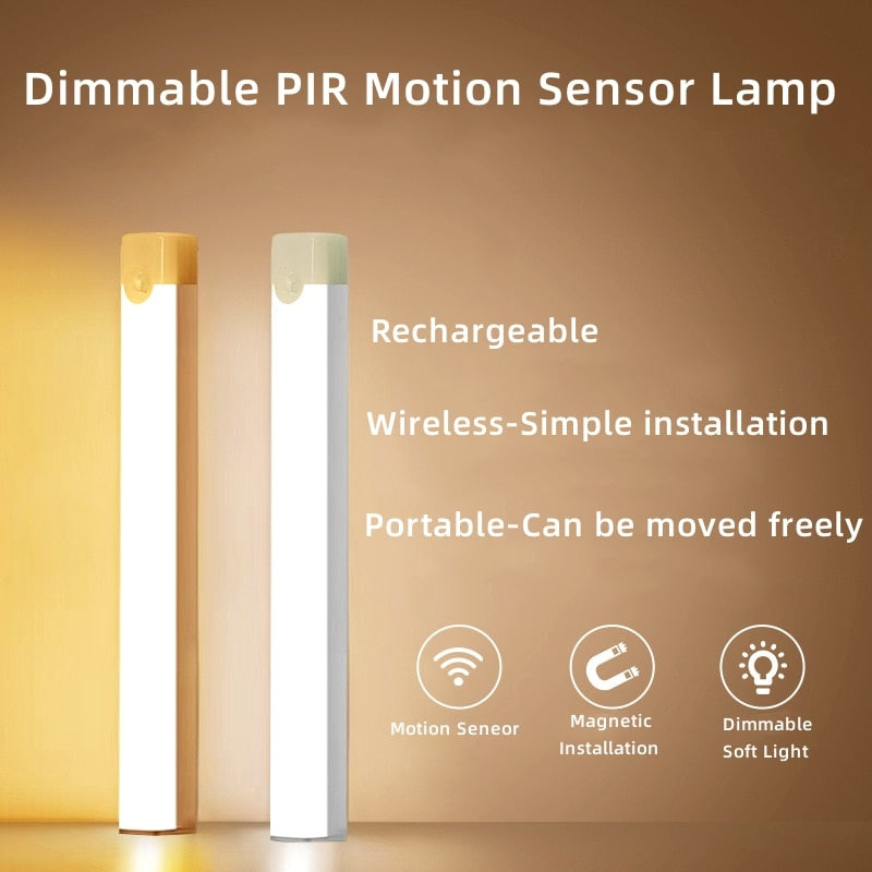 PIR Motion Sensor LED Under Cabinet Lamp Dimmable Rechargeable Night Light Stairs Closet Room Aisle Tube Bar Detector Bulb