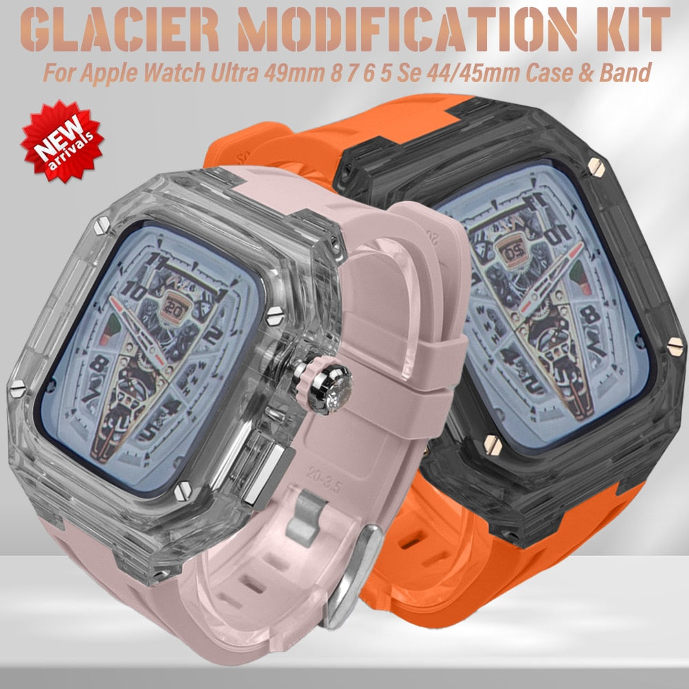 Glacier Modification Kit For Apple Watch 8 7 41MM 45MM Luxury Transparent Cover Case For iWatch 6 5 SE 40MM 44MM  Rubber Band