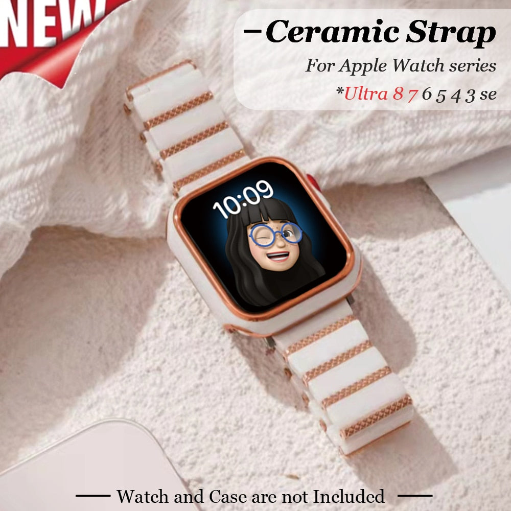 White Rose Gold Wristband for Watch Band 8 7 41mm 45mm Ultra 49mm High Quality Ceramic Strap for Iwatch Series 6 5 4 Se 40 44mm