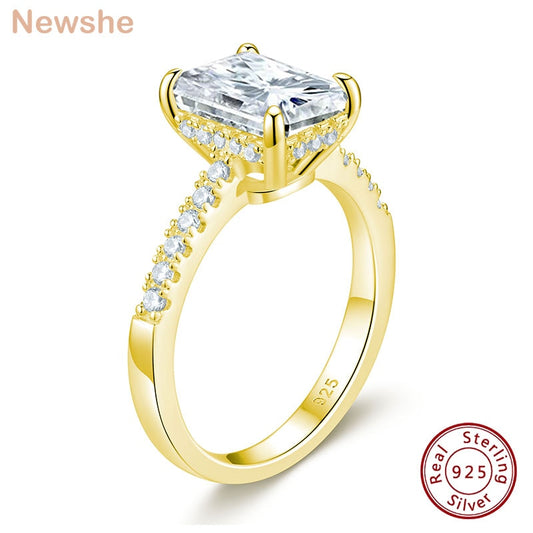 Newshe Yellow /Rose Gold Solid 925 Silver 3 Carat Emerald Cut Engagement Rings for Women CZ Simulated Diamond Fine Jewelry