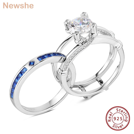 Newshe Round Cut White AAAAA CZ Engagement Rings Set For Women Blue & Pink Wedding Band Solid 925 Sterling Silver Bridal Jewelry