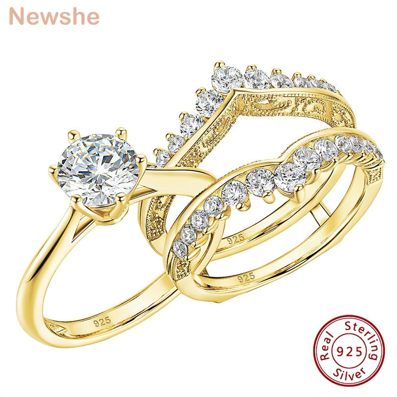 Newshe 2 Carat Bridal Ring Set for Women Yellow Gold Round Cut AAAAA Cubic Zirconia Wedding Engagement Anniversary Band BR1167_Y