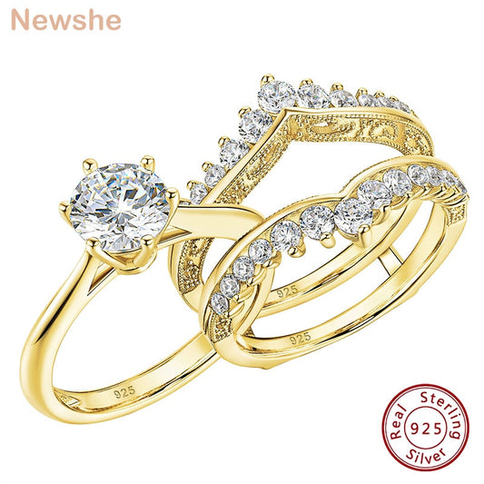 Newshe 2 Carat Bridal Ring Set for Women Yellow Gold Round Cut AAAAA Cubic Zirconia Wedding Engagement Anniversary Band BR1167_Y